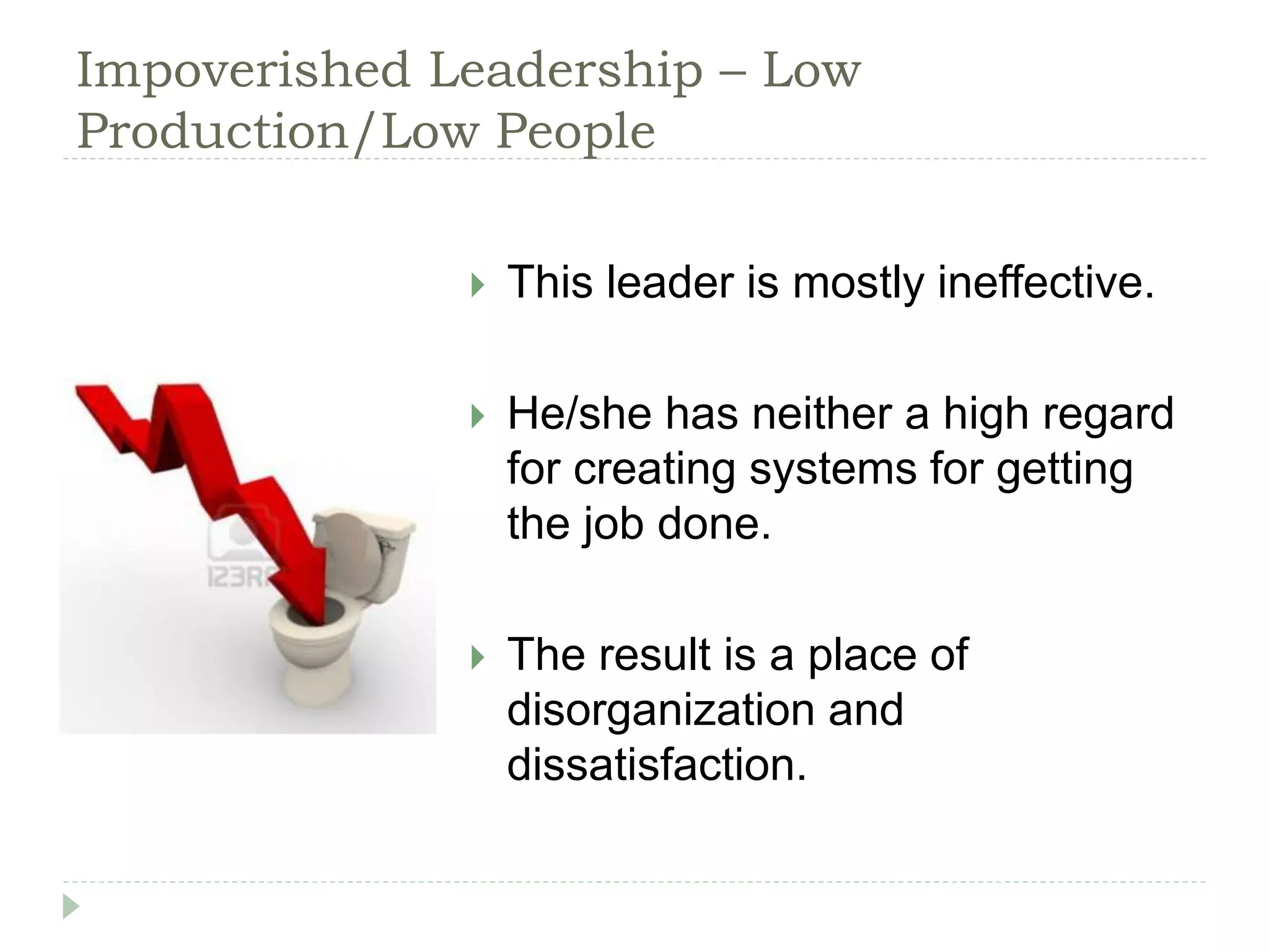 Impoverished Leadership – Low
Production/Low People
 This leader is mostly ineffective.
 He/she has neither a high regard
for creating systems for getting
the job done.
 The result is a place of
disorganization and
dissatisfaction.
 