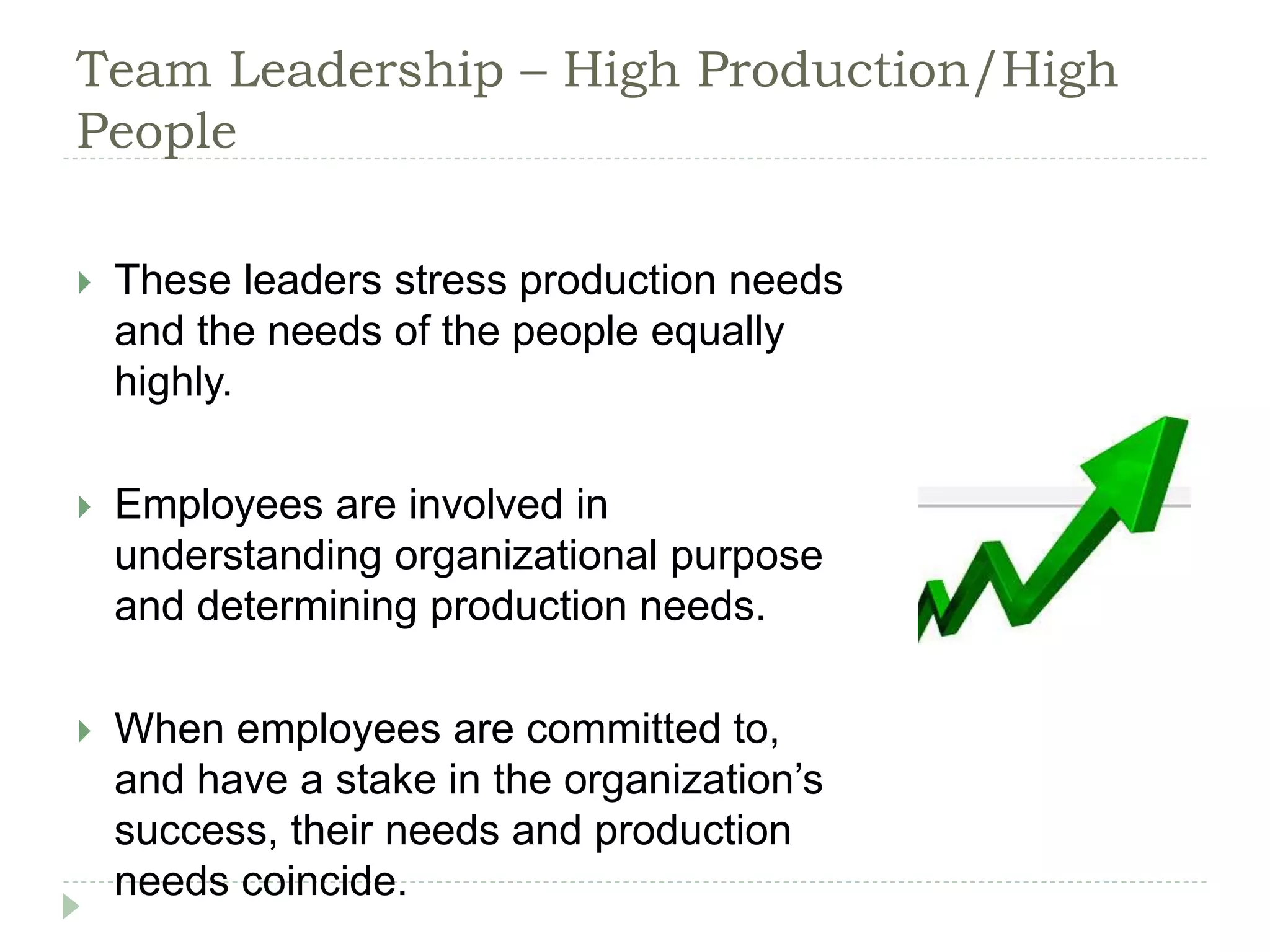Team Leadership – High Production/High
People
 These leaders stress production needs
and the needs of the people equally
highly.
 Employees are involved in
understanding organizational purpose
and determining production needs.
 When employees are committed to,
and have a stake in the organization’s
success, their needs and production
needs coincide.
 