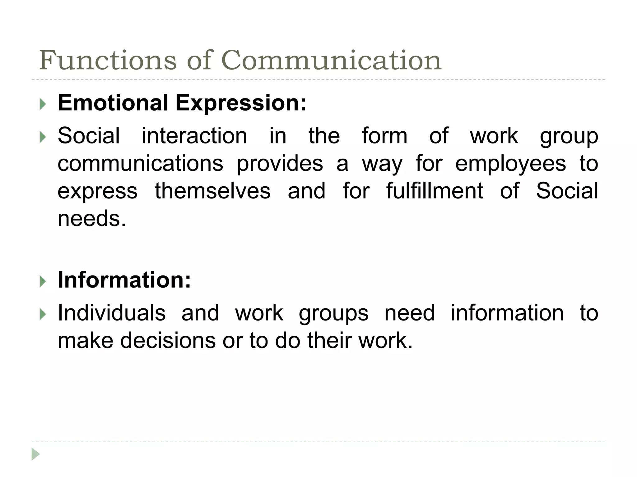 Functions of Communication
 Emotional Expression:
 Social interaction in the form of work group
communications provides a way for employees to
express themselves and for fulfillment of Social
needs.
 Information:
 Individuals and work groups need information to
make decisions or to do their work.
 