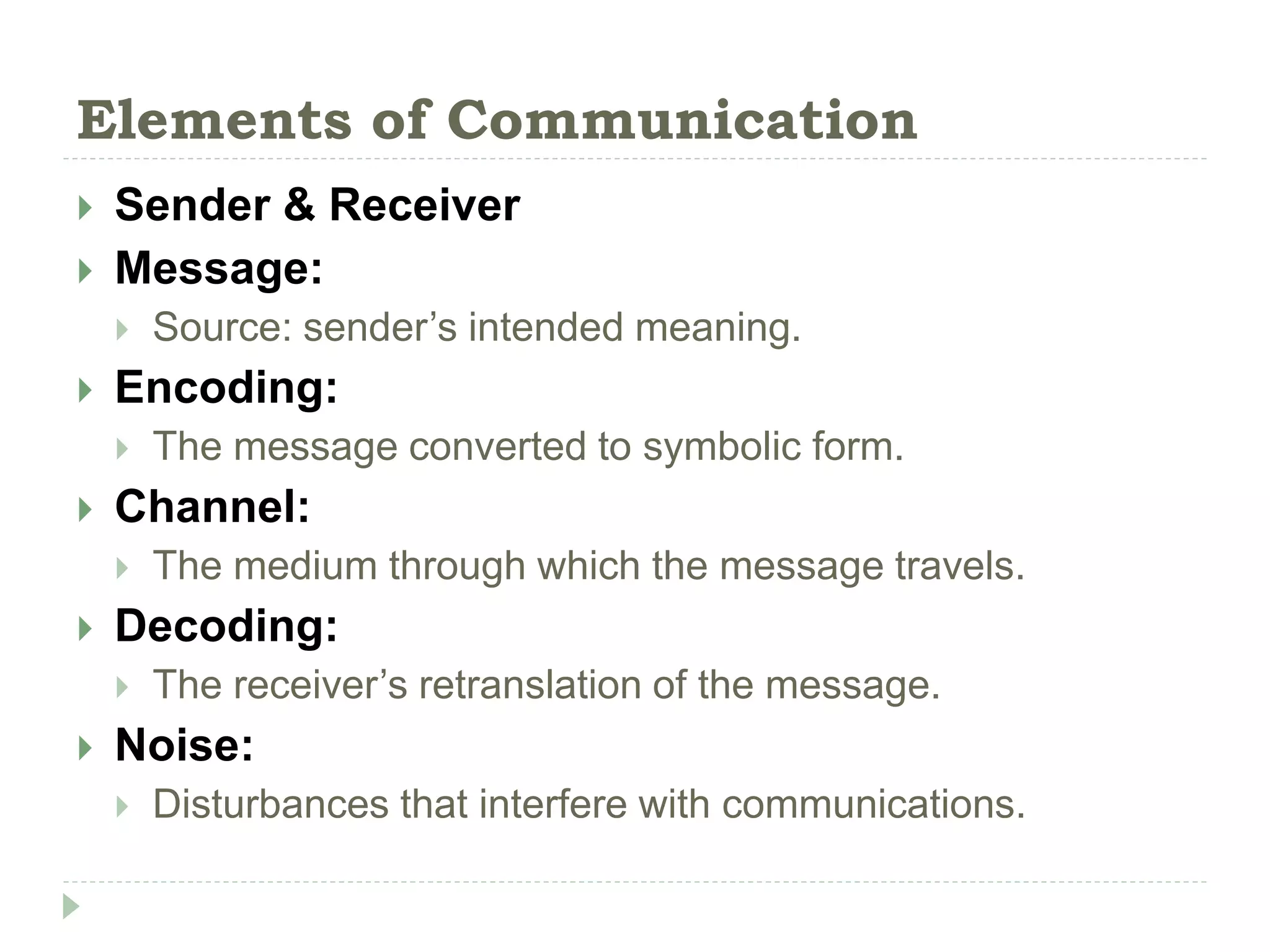 Elements of Communication
 Sender & Receiver
 Message:
 Source: sender’s intended meaning.
 Encoding:
 The message converted to symbolic form.
 Channel:
 The medium through which the message travels.
 Decoding:
 The receiver’s retranslation of the message.
 Noise:
 Disturbances that interfere with communications.
 