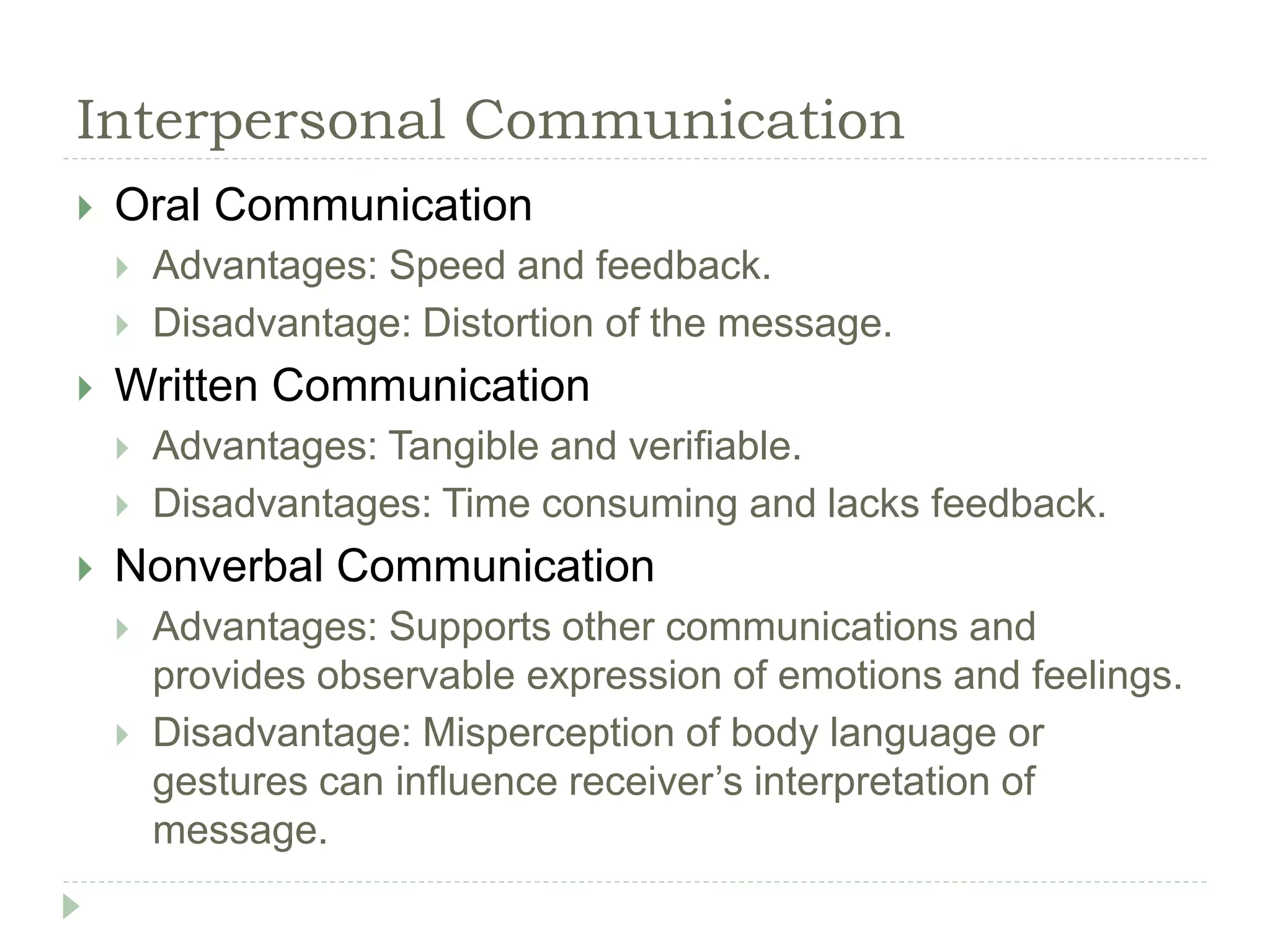 Interpersonal Communication
 Oral Communication
 Advantages: Speed and feedback.
 Disadvantage: Distortion of the message.
 Written Communication
 Advantages: Tangible and verifiable.
 Disadvantages: Time consuming and lacks feedback.
 Nonverbal Communication
 Advantages: Supports other communications and
provides observable expression of emotions and feelings.
 Disadvantage: Misperception of body language or
gestures can influence receiver’s interpretation of
message.
 