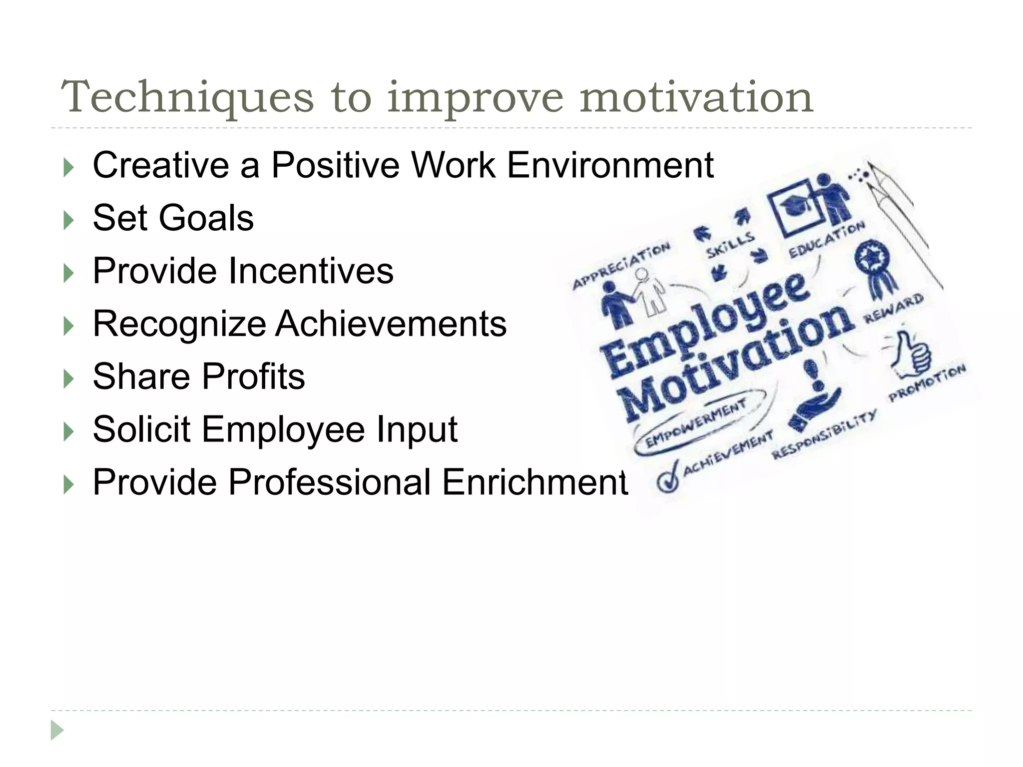 Techniques to improve motivation
 Creative a Positive Work Environment
 Set Goals
 Provide Incentives
 Recognize Achievements
 Share Profits
 Solicit Employee Input
 Provide Professional Enrichment
 