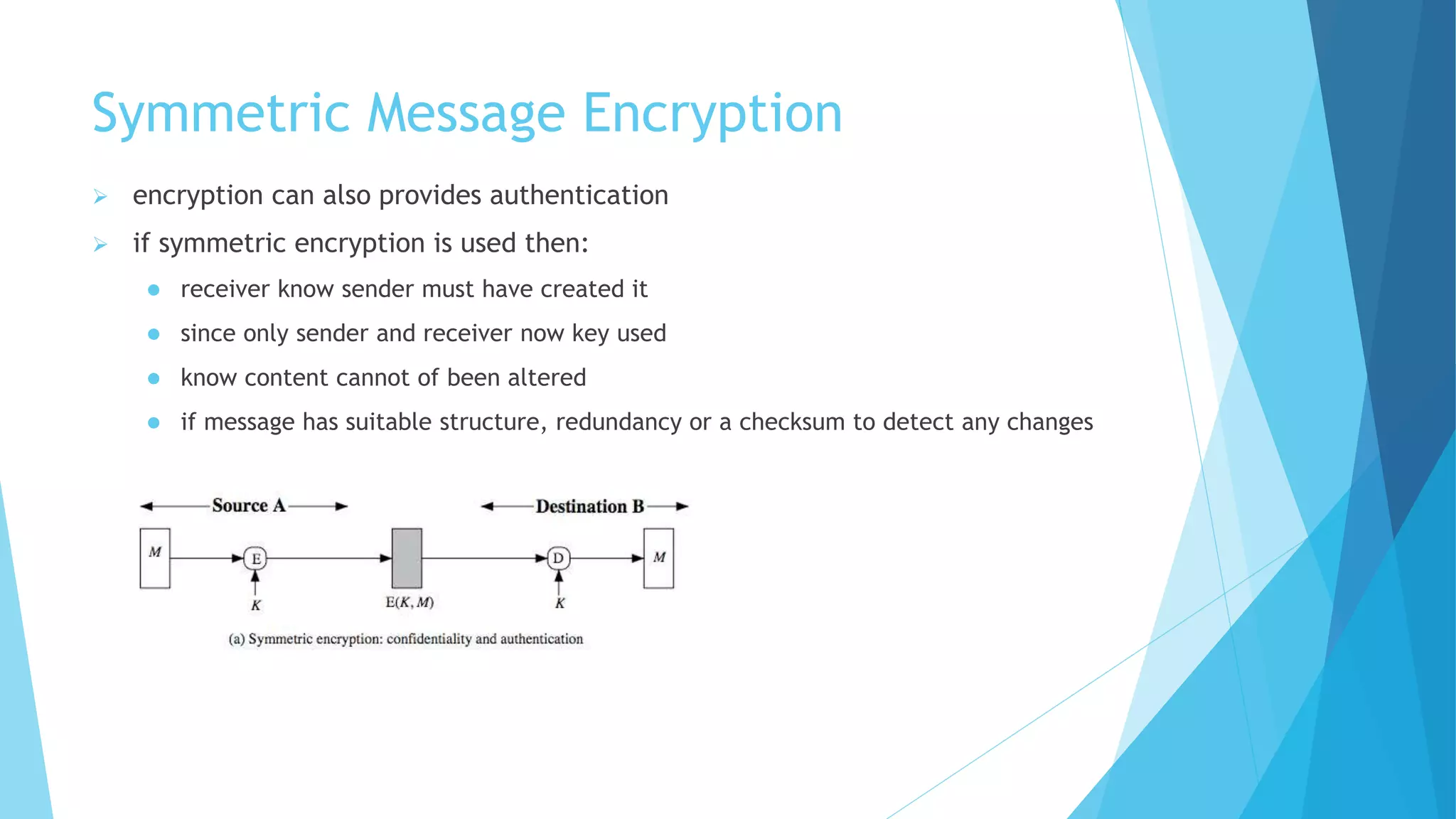 Symmetric Message Encryption
 encryption can also provides authentication
 if symmetric encryption is used then:
 receiver know sender must have created it
 since only sender and receiver now key used
 know content cannot of been altered
 if message has suitable structure, redundancy or a checksum to detect any changes
 