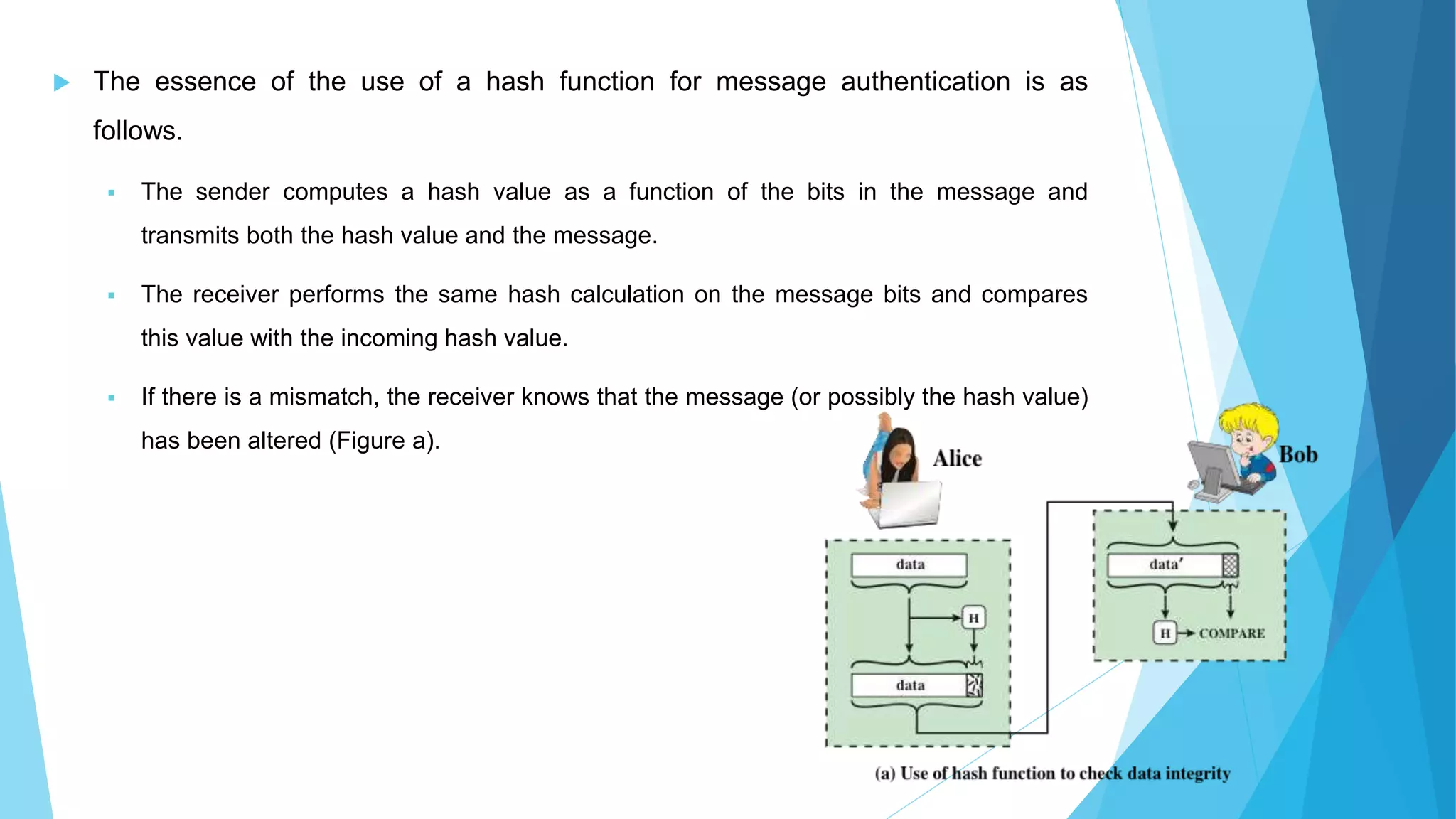  The essence of the use of a hash function for message authentication is as
follows.
 The sender computes a hash value as a function of the bits in the message and
transmits both the hash value and the message.
 The receiver performs the same hash calculation on the message bits and compares
this value with the incoming hash value.
 If there is a mismatch, the receiver knows that the message (or possibly the hash value)
has been altered (Figure a).
 
