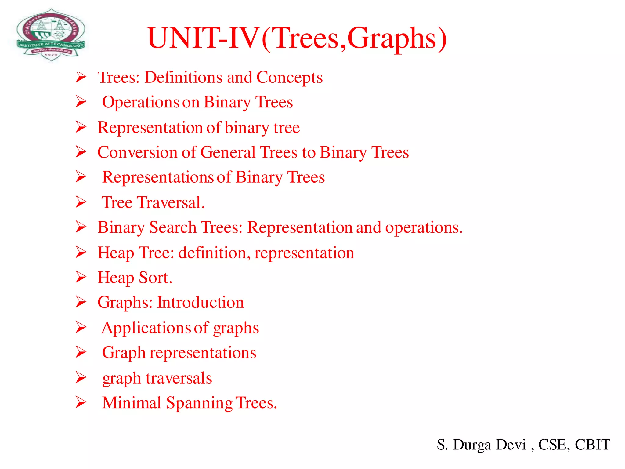 UNIT-IV(Trees,Graphs)
 Trees: Definitions and Concepts
 Operationson Binary Trees
 Representation of binary tree
 Conversion of General Trees to Binary Trees
 Representationsof Binary Trees
 Tree Traversal.
 Binary Search Trees: Representation and operations.
 Heap Tree: definition, representation
 Heap Sort.
 Graphs: Introduction
 Applicationsof graphs
 Graph representations
 graph traversals
 Minimal SpanningTrees.
S. Durga Devi , CSE, CBIT
 
