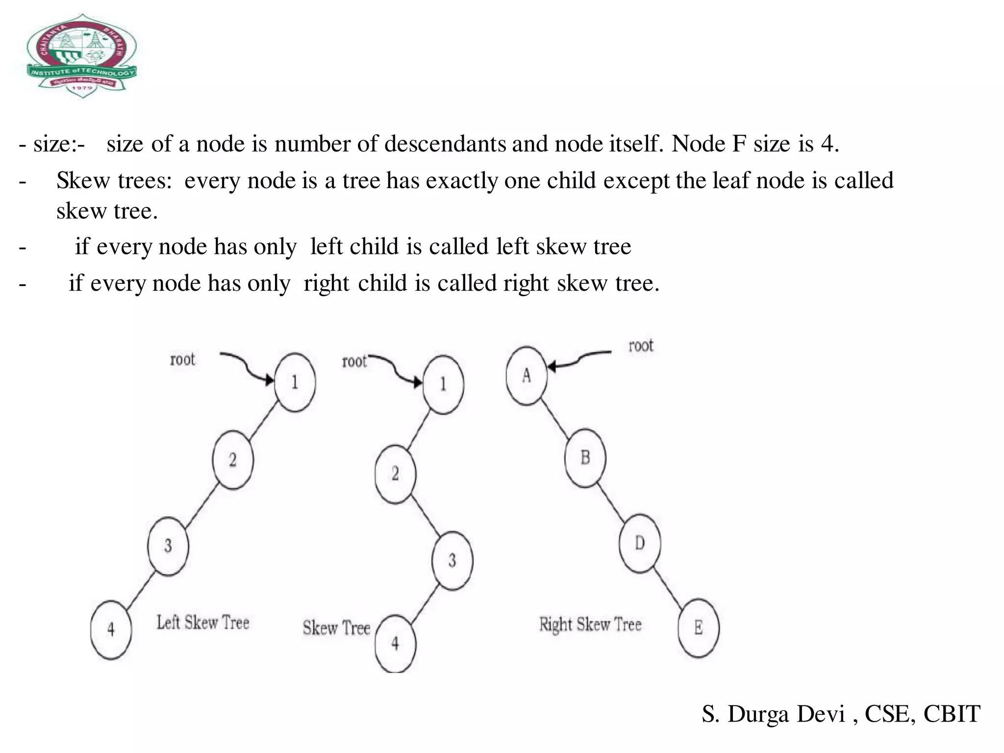 - size:- size of a node is number of descendants and node itself. Node F size is 4.
- Skew trees: every node is a tree has exactly one child except the leaf node is called
skew tree.
- if every node has only left child is called left skew tree
- if every node has only right child is called right skew tree.
S. Durga Devi , CSE, CBIT
 