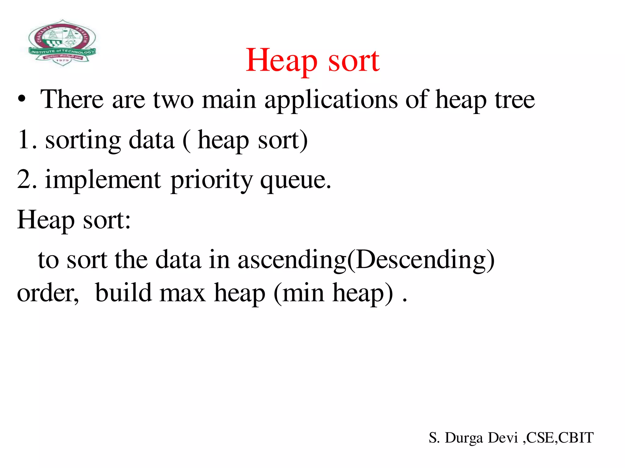 Heap sort
• There are two main applications of heap tree
1. sorting data ( heap sort)
2. implement priority queue.
Heap sort:
to sort the data in ascending(Descending)
order, build max heap (min heap) .
S. Durga Devi ,CSE,CBIT
 
