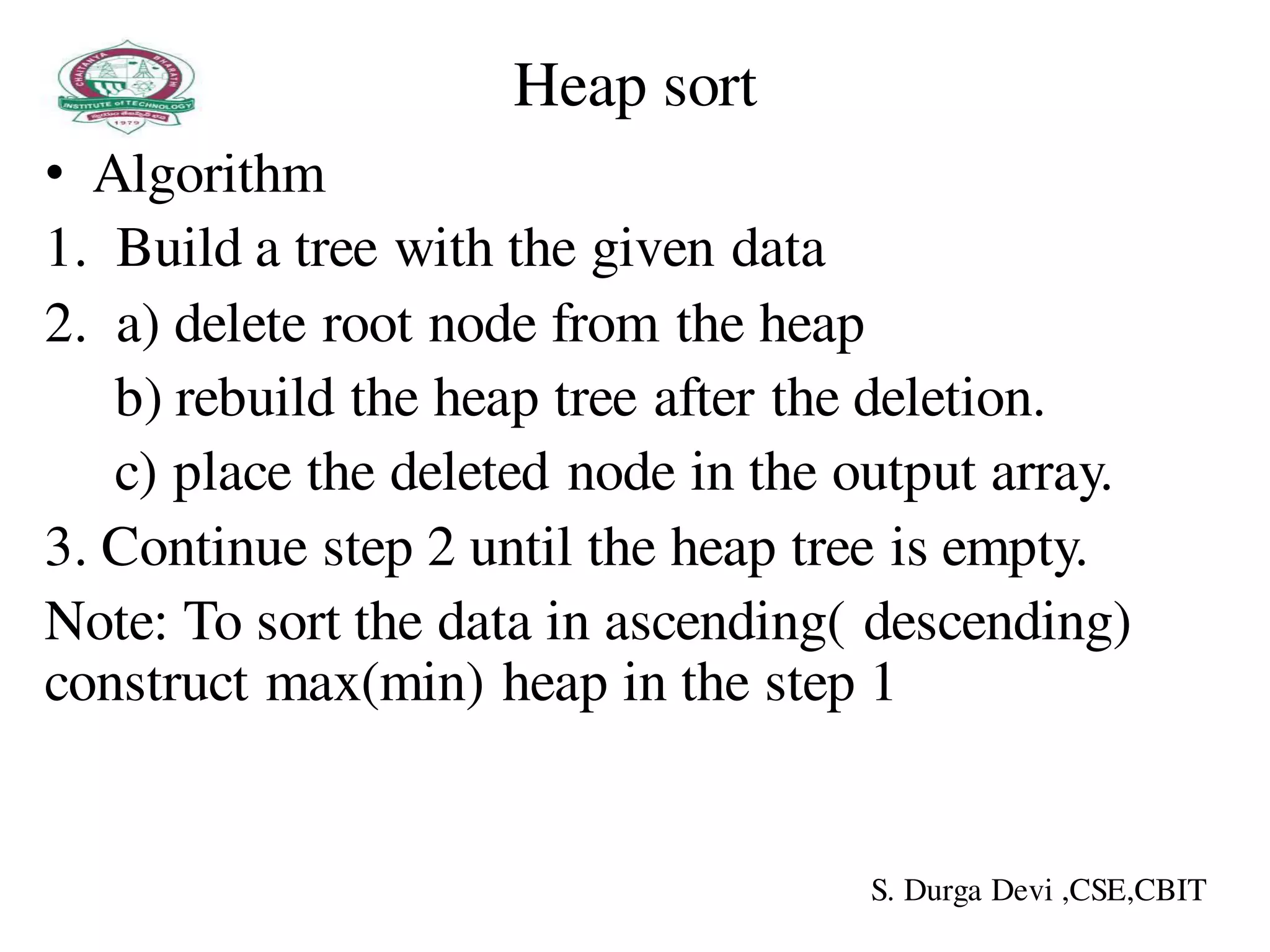 Heap sort
• Algorithm
1. Build a tree with the given data
2. a) delete root node from the heap
b) rebuild the heap tree after the deletion.
c) place the deleted node in the output array.
3. Continue step 2 until the heap tree is empty.
Note: To sort the data in ascending( descending)
construct max(min) heap in the step 1
S. Durga Devi ,CSE,CBIT
 