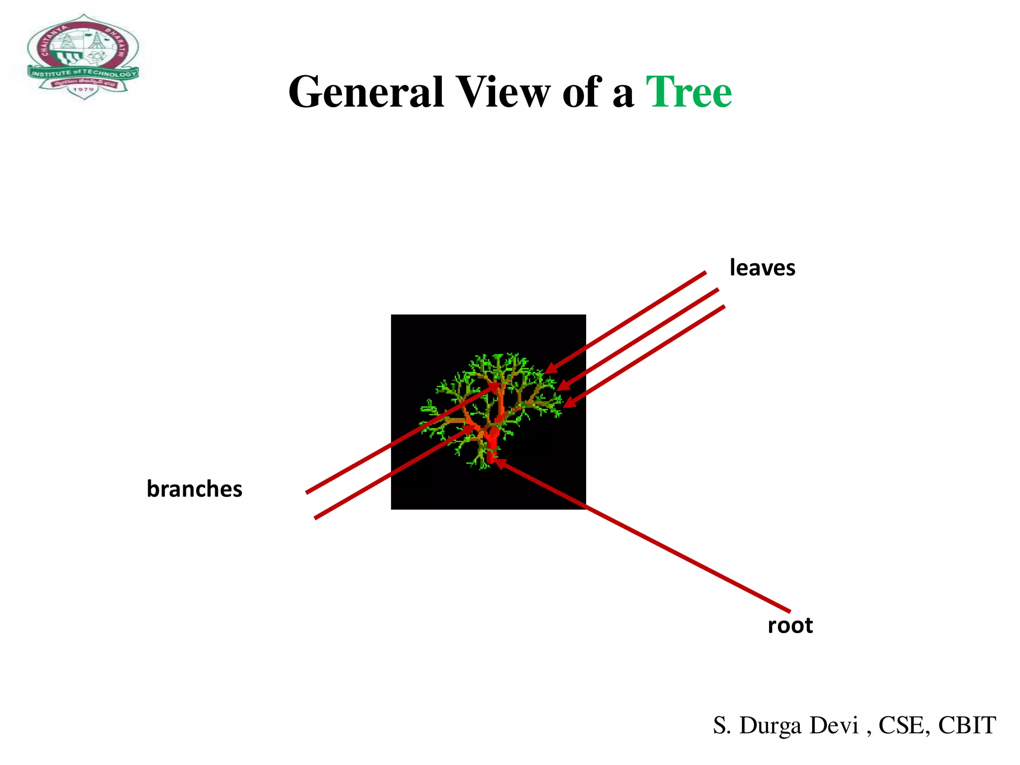 General View of a Tree
root
branches
leaves
S. Durga Devi , CSE, CBIT
 