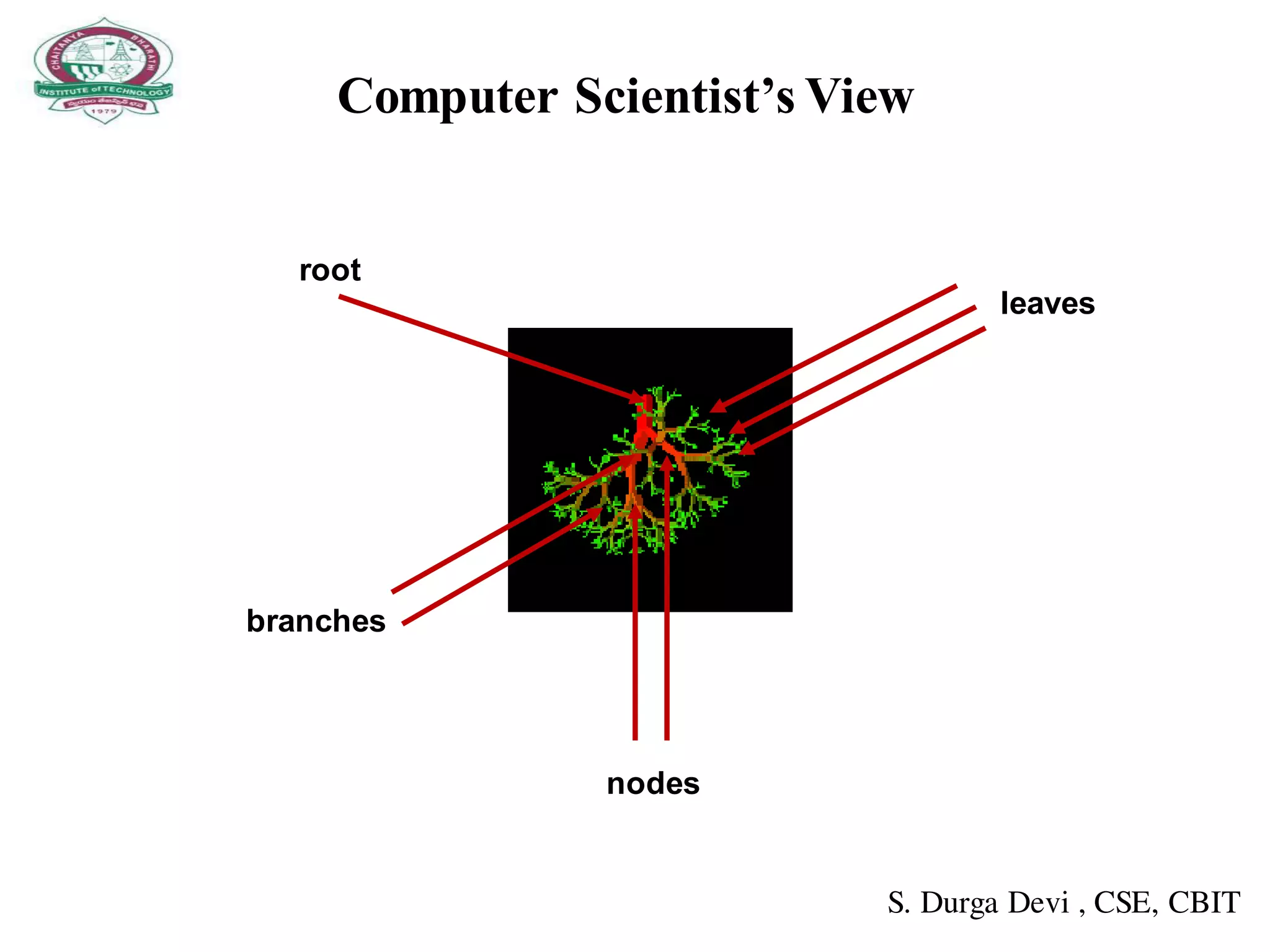 Computer Scientist’s View
branches
leaves
root
nodes
S. Durga Devi , CSE, CBIT
 