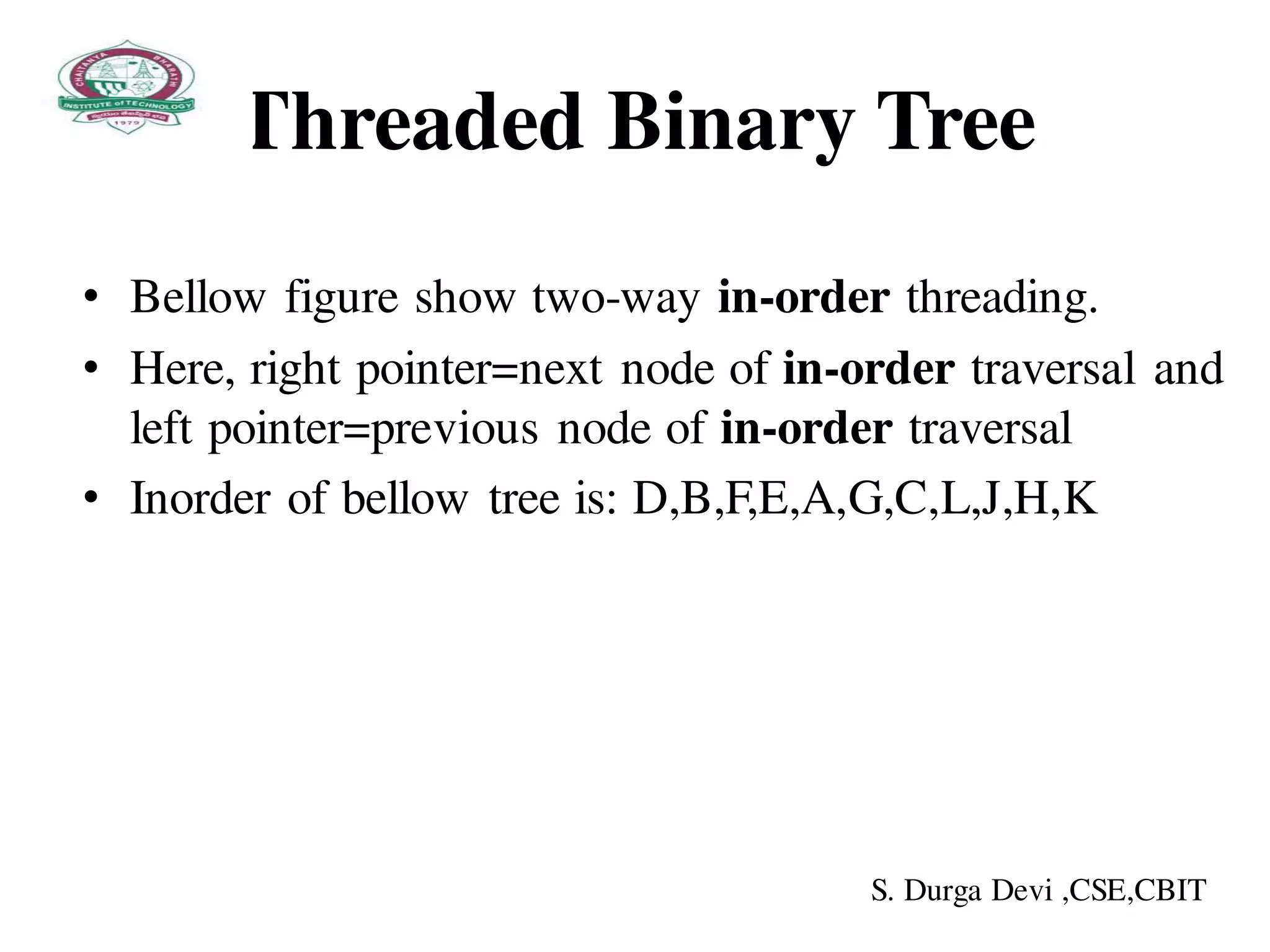 Threaded Binary Tree
• Bellow figure show two-way in-order threading.
• Here, right pointer=next node of in-order traversal and
left pointer=previous node of in-order traversal
• Inorder of bellow tree is: D,B,F,E,A,G,C,L,J,H,K
S. Durga Devi ,CSE,CBIT
 