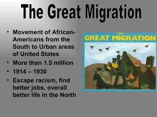 Movement of African-Americans from the South to Urban areas of United States More than 1.5 million 1914 – 1930 Escape racism, find better jobs, overall better life in the North The Great Migration 
