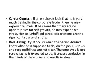 • Career Concern: If an employee feels that he is very
much behind in the corporate ladder, then he may
experience stress. If he seems that there are no
opportunities for self-growth, he may experience
stress. Hence, unfulfilled career expectations are the
significant source of stress.
• Role Ambiguity: It occurs when the person doesn't
know what he is supposed to do, on the job. His tasks
and responsibilities are not clear. The employee is not
sure what he is expected to do. It creates confusion in
the minds of the worker and results in stress.
 