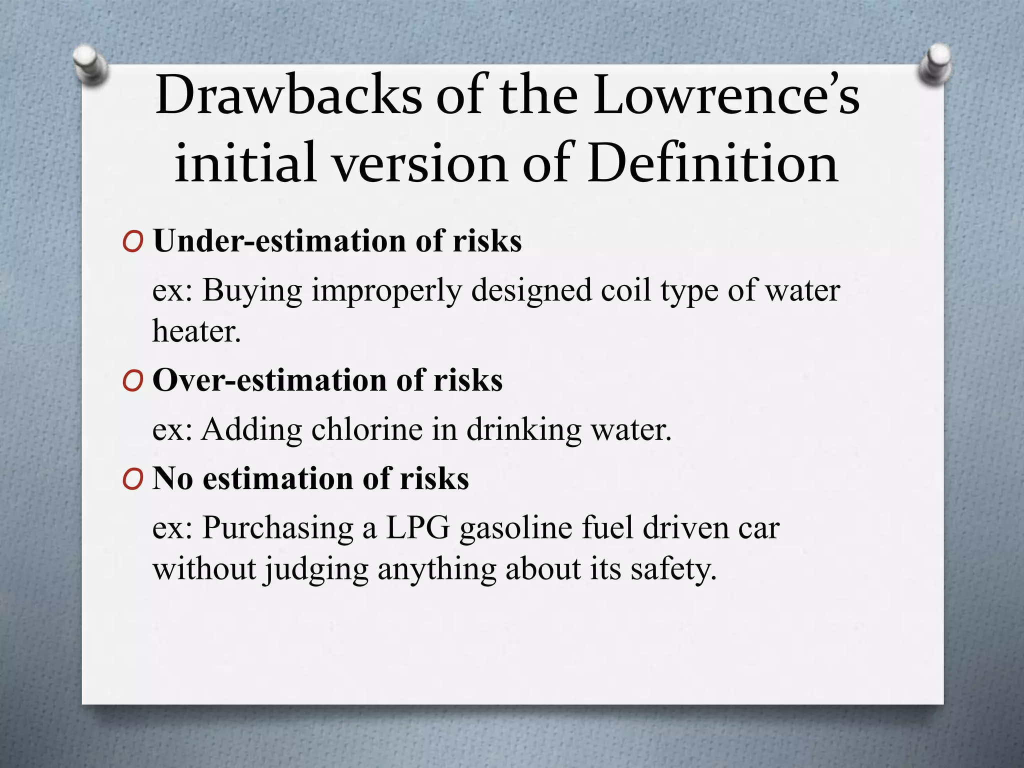 Drawbacks of the Lowrence’s
initial version of Definition
O Under-estimation of risks
ex: Buying improperly designed coil type of water
heater.
O Over-estimation of risks
ex: Adding chlorine in drinking water.
O No estimation of risks
ex: Purchasing a LPG gasoline fuel driven car
without judging anything about its safety.
 