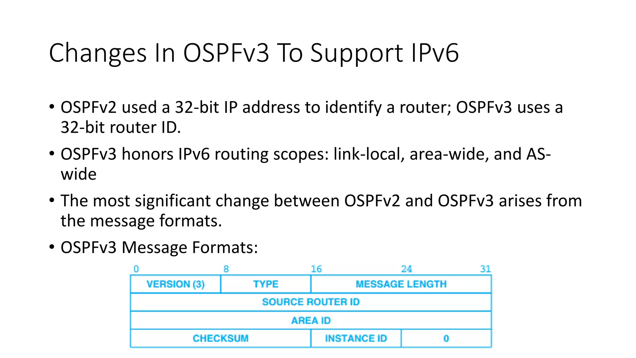 Changes In OSPFv3 To Support IPv6
• OSPFv2 used a 32-bit IP address to identify a router; OSPFv3 uses a
32-bit router ID.
• OSPFv3 honors IPv6 routing scopes: link-local, area-wide, and AS-
wide
• The most significant change between OSPFv2 and OSPFv3 arises from
the message formats.
• OSPFv3 Message Formats:
 