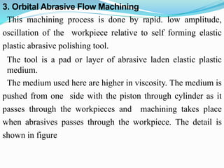 3. Orbital Abrasive Flow Machining
This machining process is done by rapid. low amplitude,
oscillation of the workpiece relative to self forming elastic
plastic abrasive polishing tool.
The tool is a pad or layer of abrasive laden elastic plastic
medium.
The medium used here are higher in viscosity. The medium is
pushed from one side with the piston through cylinder as it
passes through the workpieces and machining takes place
when abrasives passes through the workpiece. The detail is
shown in figure
 
