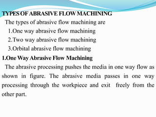 TYPESOFABRASIVEFLOWMACHINING
The types of abrasive flow machining are
1.One way abrasive flow machining
2.Two way abrasive flow machining
3.Orbital abrasive flow machining
1.One WayAbrasive Flow Machining
The abrasive processing pushes the media in one way flow as
shown in figure. The abrasive media passes in one way
processing through the workpiece and exit freely from the
other part.
 