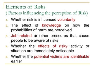 Elements of Risks
( Factors influencing the perception of Risk)
1. Whether risk is influenced voluntarily
2. The effect of knowledge on how the
probabilities of harm are perceived
3. Job related or other pressures that cause
people to be aware of risks
4. Whether the effects of risky activity or
situation are immediately noticeable
5. Whether the potential victims are identifiable
earlier
 