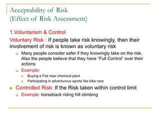 Acceptability of Risk
(Effect of Risk Assessment)
1.Voluntarism & Control
Voluntary Risk : If people take risk knowingly, then their
involvement of risk is known as voluntary risk
 Many people consider safer if they knowingly take on the risk.
Also the people believe that they have “Full Control” over their
actions
 Example:
 Buying a Flat near chemical plant
 Participating in adventurous sports like bike race
 Controlled Risk: If the Risk taken within control limit
 Example: horseback riding hill climbing
 