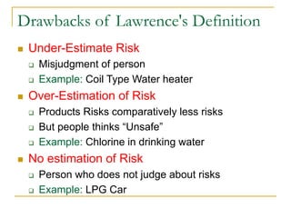 Drawbacks of Lawrence's Definition
 Under-Estimate Risk
 Misjudgment of person
 Example: Coil Type Water heater
 Over-Estimation of Risk
 Products Risks comparatively less risks
 But people thinks “Unsafe”
 Example: Chlorine in drinking water
 No estimation of Risk
 Person who does not judge about risks
 Example: LPG Car
 