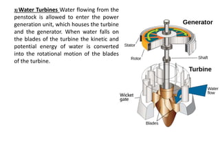 3) Water Turbines Water flowing from the
penstock is allowed to enter the power
generation unit, which houses the turbine
and the generator. When water falls on
the blades of the turbine the kinetic and
potential energy of water is converted
into the rotational motion of the blades
of the turbine.
 