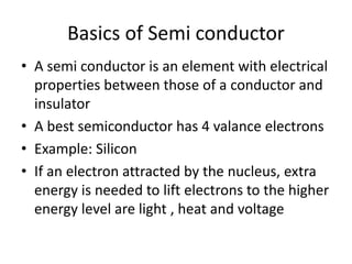 Basics of Semi conductor
• A semi conductor is an element with electrical
properties between those of a conductor and
insulator
• A best semiconductor has 4 valance electrons
• Example: Silicon
• If an electron attracted by the nucleus, extra
energy is needed to lift electrons to the higher
energy level are light , heat and voltage
 