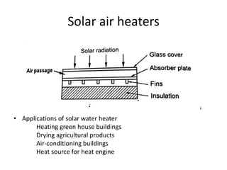 Solar air heaters
• Applications of solar water heater
Heating green house buildings
Drying agricultural products
Air-conditioning buildings
Heat source for heat engine
 
