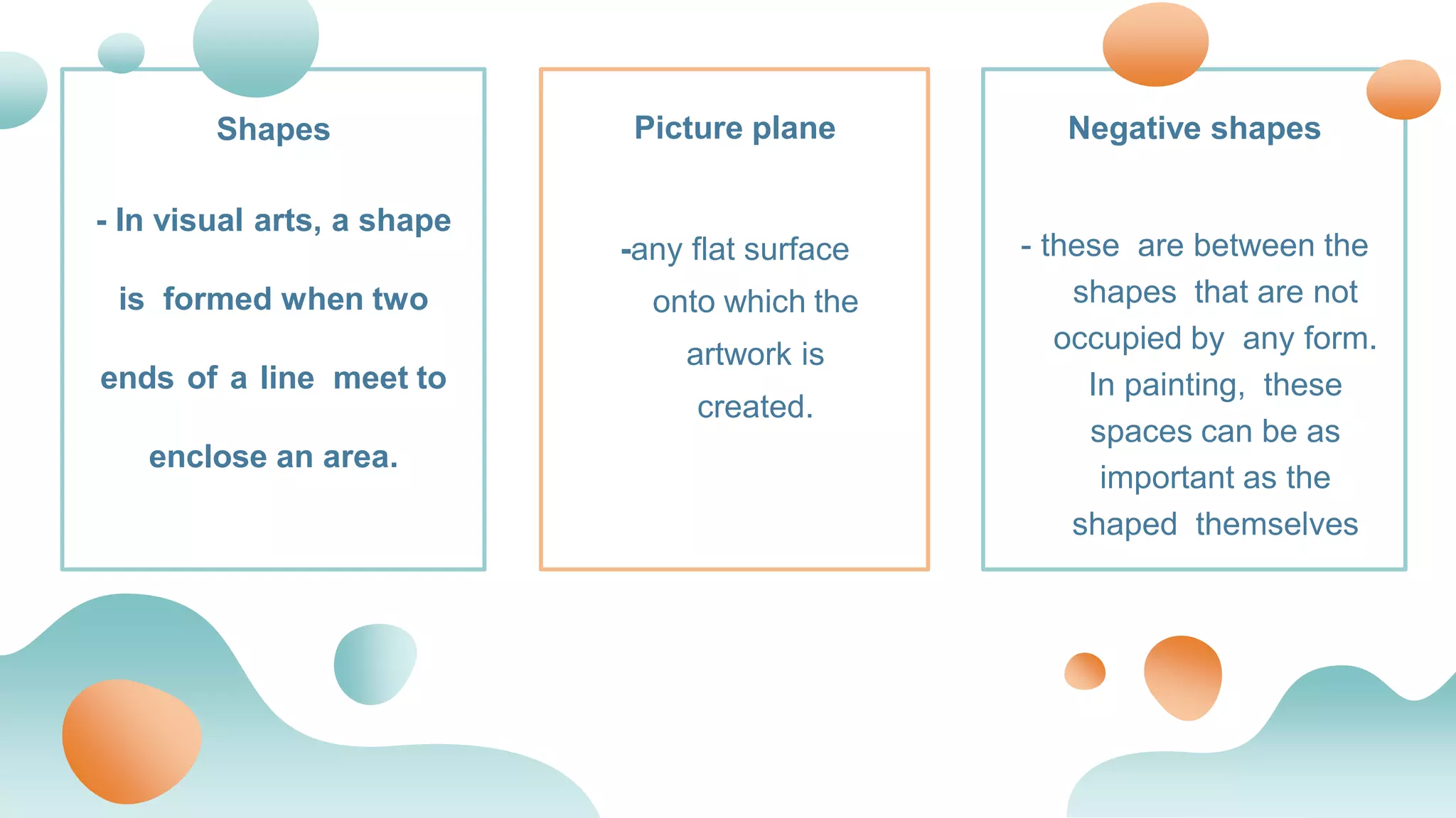 Shapes
- In visual arts, a shape
is formed when two
ends of a line meet to
enclose an area.
Picture plane
-any flat surface
onto which the
artwork is
created.
Negative shapes
- these are between the
shapes that are not
occupied by any form.
In painting, these
spaces can be as
important as the
shaped themselves
 