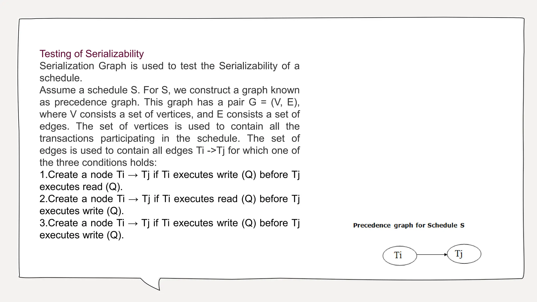 Testing of Serializability
Serialization Graph is used to test the Serializability of a
schedule.
Assume a schedule S. For S, we construct a graph known
as precedence graph. This graph has a pair G = (V, E),
where V consists a set of vertices, and E consists a set of
edges. The set of vertices is used to contain all the
transactions participating in the schedule. The set of
edges is used to contain all edges Ti ->Tj for which one of
the three conditions holds:
1.Create a node Ti → Tj if Ti executes write (Q) before Tj
executes read (Q).
2.Create a node Ti → Tj if Ti executes read (Q) before Tj
executes write (Q).
3.Create a node Ti → Tj if Ti executes write (Q) before Tj
executes write (Q).
 