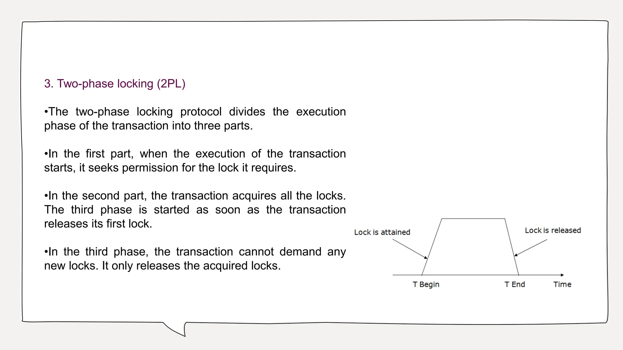 3. Two-phase locking (2PL)
•The two-phase locking protocol divides the execution
phase of the transaction into three parts.
•In the first part, when the execution of the transaction
starts, it seeks permission for the lock it requires.
•In the second part, the transaction acquires all the locks.
The third phase is started as soon as the transaction
releases its first lock.
•In the third phase, the transaction cannot demand any
new locks. It only releases the acquired locks.
 