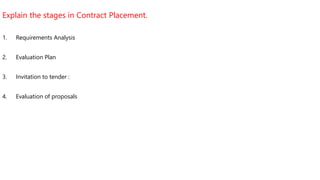 Explain the stages in Contract Placement.
1. Requirements Analysis
2. Evaluation Plan
3. Invitation to tender :
4. Evaluation of proposals
 