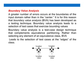 Boundary Value Analysis
A greater number of errors occurs at the boundaries of the
input domain rather than in the “center.” It is for this reason
that boundary value analysis (BVA) has been developed as
a testing technique. Boundary value analysis leads to a
selection of test cases that exercise bounding values
Boundary value analysis is a test-case design technique
that complements equivalence partitioning. Rather than
that complements equivalence partitioning. Rather than
selecting any element of an equivalence class, BVA
Leads to the selection of test cases at the “edges” of the
class.
 