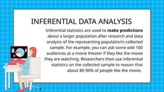 Inferential statistics are used to make predictions
about a larger population after research and data
analysis of the representing population’s collected
sample. For example, you can ask some odd 100
audiences at a movie theater if they like the movie
they are watching. Researchers then use inferential
statistics on the collected sample to reason that
about 80-90% of people like the movie.
INFERENTIAL DATA ANALYSIS
 