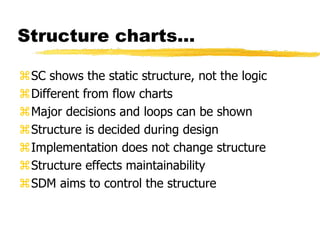 Structure charts…
SC shows the static structure, not the logic
Different from flow charts
Major decisions and loops can be shown
Structure is decided during design
Implementation does not change structure
Structure effects maintainability
SDM aims to control the structure
 