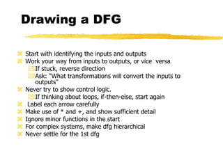 Drawing a DFG
 Start with identifying the inputs and outputs
 Work your way from inputs to outputs, or vice versa
If stuck, reverse direction
Ask: "What transformations will convert the inputs to
outputs"
 Never try to show control logic.
If thinking about loops, if-then-else, start again
 Label each arrow carefully
 Make use of * and +, and show sufficient detail
 Ignore minor functions in the start
 For complex systems, make dfg hierarchical
 Never settle for the 1st dfg
 