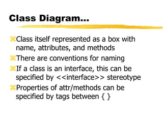 Class Diagram…
Class itself represented as a box with
name, attributes, and methods
There are conventions for naming
If a class is an interface, this can be
specified by <<interface>> stereotype
Properties of attr/methods can be
specified by tags between { }
 