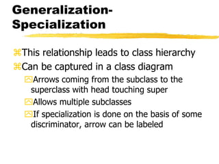 Generalization-
Specialization
This relationship leads to class hierarchy
Can be captured in a class diagram
Arrows coming from the subclass to the
superclass with head touching super
Allows multiple subclasses
If specialization is done on the basis of some
discriminator, arrow can be labeled
 