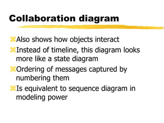 Collaboration diagram
Also shows how objects interact
Instead of timeline, this diagram looks
more like a state diagram
Ordering of messages captured by
numbering them
Is equivalent to sequence diagram in
modeling power
 