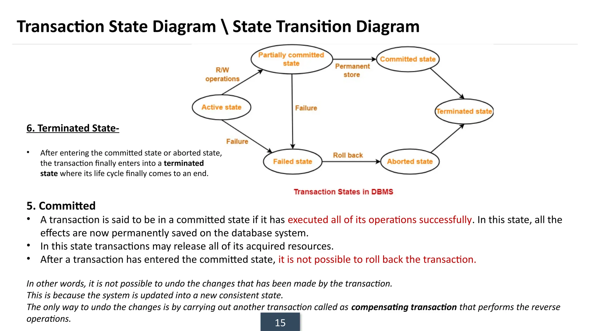 15
Transaction State Diagram  State Transition Diagram
5. Committed
• A transaction is said to be in a committed state if it has executed all of its operations successfully. In this state, all the
effects are now permanently saved on the database system.
• In this state transactions may release all of its acquired resources.
• After a transaction has entered the committed state, it is not possible to roll back the transaction.
In other words, it is not possible to undo the changes that has been made by the transaction.
This is because the system is updated into a new consistent state.
The only way to undo the changes is by carrying out another transaction called as compensating transaction that performs the reverse
operations.
6. Terminated State-
• After entering the committed state or aborted state,
the transaction finally enters into a terminated
state where its life cycle finally comes to an end.
 