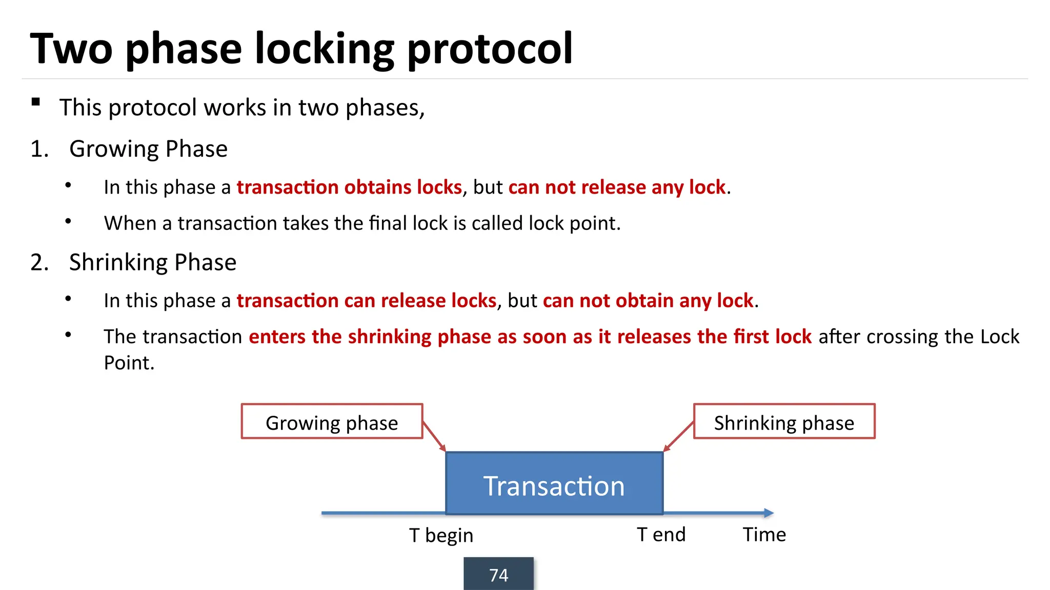 74
Two phase locking protocol
 This protocol works in two phases,
1. Growing Phase
• In this phase a transaction obtains locks, but can not release any lock.
• When a transaction takes the final lock is called lock point.
2. Shrinking Phase
• In this phase a transaction can release locks, but can not obtain any lock.
• The transaction enters the shrinking phase as soon as it releases the first lock after crossing the Lock
Point.
Transaction
T begin T end Time
Growing phase Shrinking phase
 