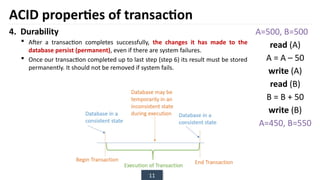 11
4. Durability
 After a transaction completes successfully, the changes it has made to the
database persist (permanent), even if there are system failures.
 Once our transaction completed up to last step (step 6) its result must be stored
permanently. It should not be removed if system fails.
ACID properties of transaction
A=500, B=500
read (A)
A = A – 50
write (A)
read (B)
B = B + 50
write (B)
A=450, B=550
 