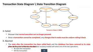 14
Transaction State Diagram  State Transition Diagram
3. Failed
• Discover that normal execution can no longer proceed.
• Once a transaction cannot be completed, any changes that it made must be undone rolling it back.
4. Aborted
• The state after the transaction has been rolled back and the database has been restored to its state
prior to the start of the transaction.
After aborting the transaction, the database recovery module will select one of the two operations:
• Re-start the transaction
• Kill the transaction
 