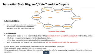 15
Transaction State Diagram  State Transition Diagram
5. Committed
• A transaction is said to be in a committed state if it has executed all of its operations successfully. In this state, all the
effects are now permanently saved on the database system.
• In this state transactions may release all of its acquired resources.
• After a transaction has entered the committed state, it is not possible to roll back the transaction.
In other words, it is not possible to undo the changes that has been made by the transaction.
This is because the system is updated into a new consistent state.
The only way to undo the changes is by carrying out another transaction called as compensating transaction that performs the reverse
operations.
6. Terminated State-
• After entering the committed state or aborted state,
the transaction finally enters into a terminated
state where its life cycle finally comes to an end.
 
