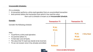 48
Irrecoverable Schedules-
If in a schedule,
• A transaction performs a dirty read operation from an uncommitted transaction
• And commits before the transaction from which it has read the value
then such a schedule is known as an Irrecoverable Schedule.
Example-
Consider the following schedule-
Here
• T2 performs a dirty read operation.
• T2 commits before T1.
• T1 fails later and roll backs.
• The value that T2 read now stands to be incorrect.
• T2 can not recover since it has already committed.
 
