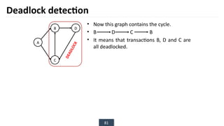 81
• Now this graph contains the cycle.
• B D C B
• It means that transactions B, D and C are
all deadlocked.
Deadlock detection
B
A
D
C
D
E
A
D
L
O
C
K
 