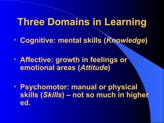 Three Domains in Learning Cognitive: mental skills ( Knowledge )  Affective: growth in feelings or emotional areas ( Attitude )  Psychomotor: manual or physical skills ( Skills ) – not so much in higher ed. 