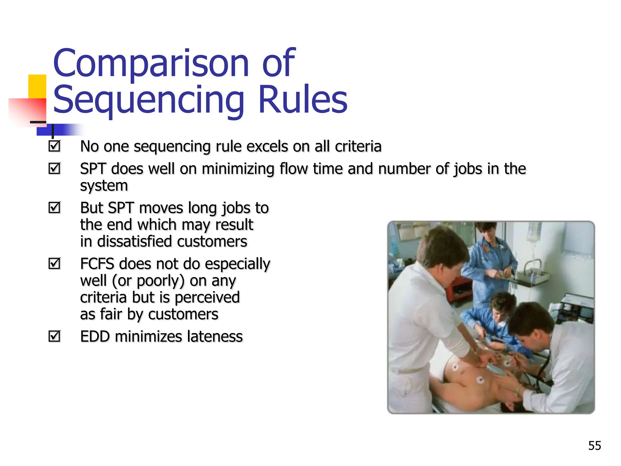 Comparison of
Sequencing Rules
 No one sequencing rule excels on all criteria
 SPT does well on minimizing flow time and number of jobs in the
system
 But SPT moves long jobs to
the end which may result
in dissatisfied customers
 FCFS does not do especially
well (or poorly) on any
criteria but is perceived
as fair by customers
 EDD minimizes lateness
55
 