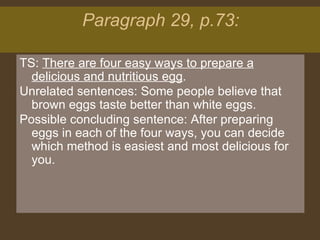 Paragraph 29, p.73:  TS:  There are four easy ways to prepare a delicious and nutritious egg .  Unrelated sentences: Some people believe that brown eggs taste better than white eggs.  Possible concluding sentence: After preparing eggs in each of the four ways, you can decide which method is easiest and most delicious for you.  