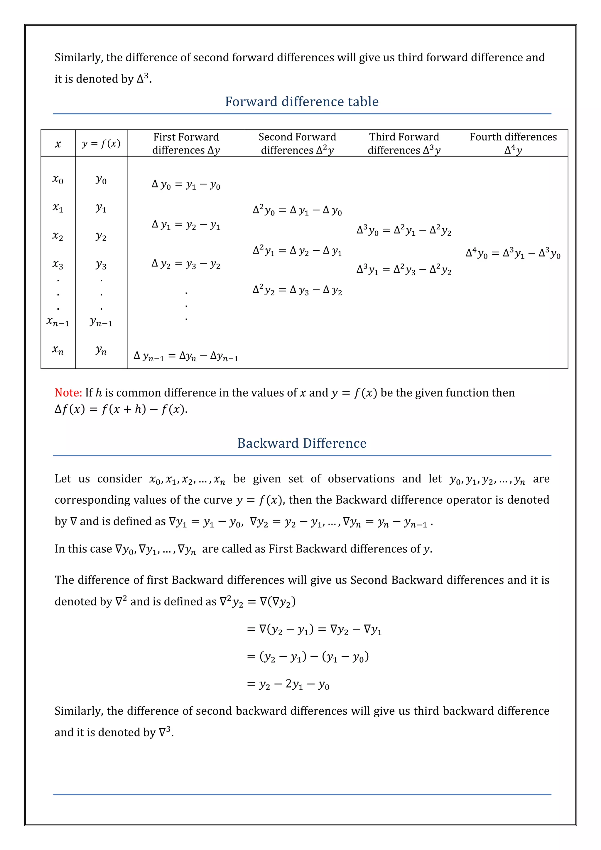 Similarly, the difference of second forward differences will give us third forward difference and
it is denoted by       .
                                           Forward difference table

                           First Forward         Second Forward       Third Forward      Fourth differences
                           differences           differences          differences




.          .
.          .                      .
.          .                      .
                                  .




Note: If       is common difference in the values of      and           be the given function then
                              .

                                            Backward Difference

Let us consider                             be given set of observations and let                      are
corresponding values of the curve                    , then the Backward difference operator is denoted
by   and is defined as                                                            .

In this case                          are called as First Backward differences of .

The difference of first Backward differences will give us Second Backward differences and it is
denoted by         and is defined as




Similarly, the difference of second backward differences will give us third backward difference
and it is denoted by          .
 