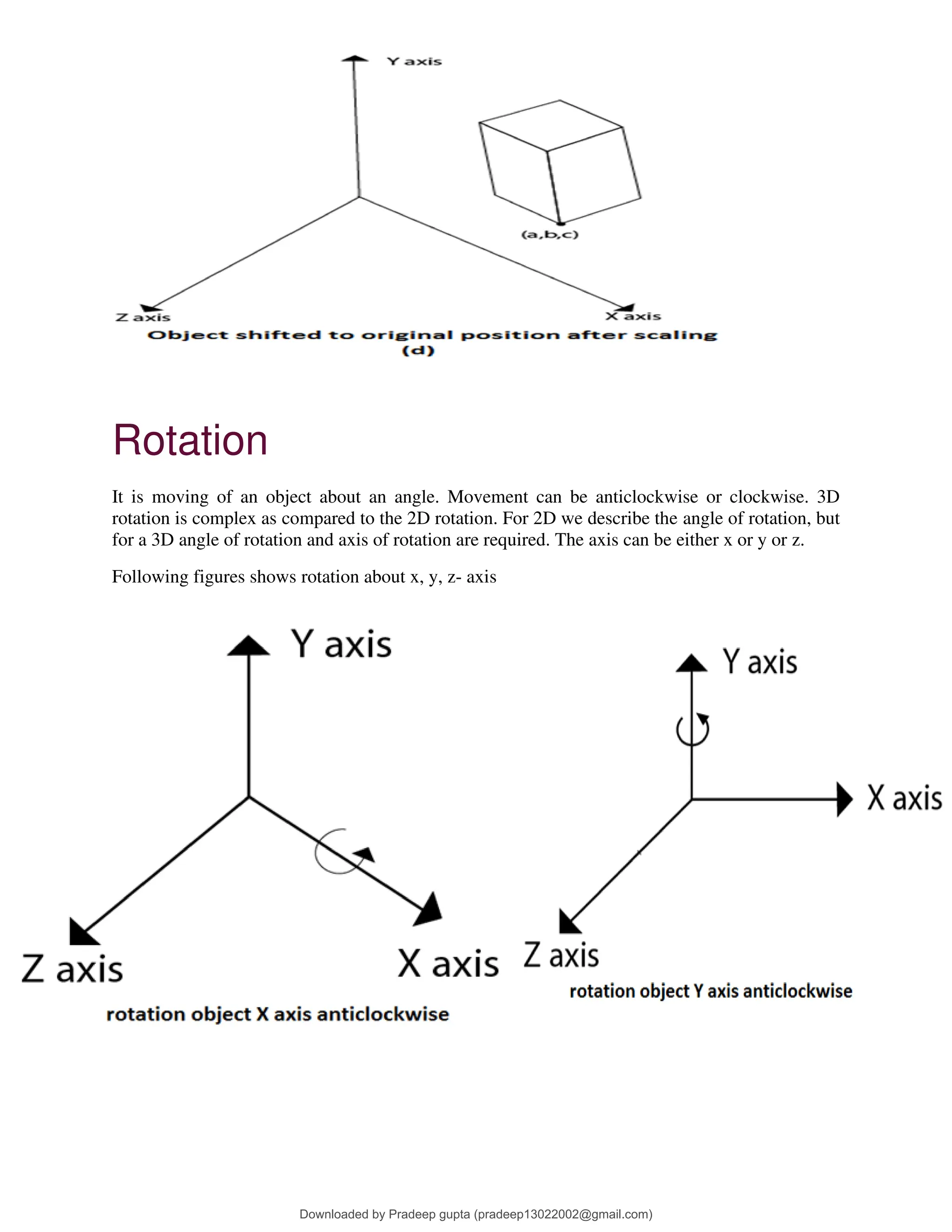 Rotation
It is moving of an object about an angle. Movement can be anticlockwise or clockwise. 3D
rotation is complex as compared to the 2D rotation. For 2D we describe the angle of rotation, but
for a 3D angle of rotation and axis of rotation are required. The axis can be either x or y or z.
Following figures shows rotation about x, y, z- axis
Downloaded by Pradeep gupta (pradeep13022002@gmail.com)
lOMoARcPSD|38515779
 